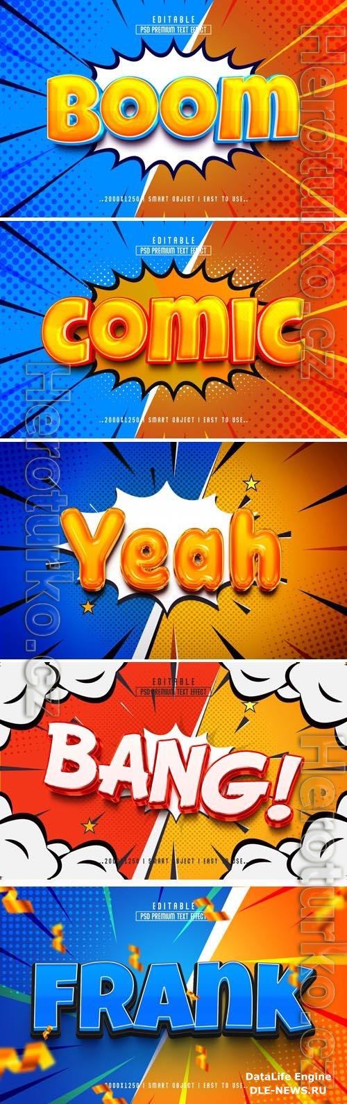 Psd comic, boom, bang 3d editable text effect style design template set