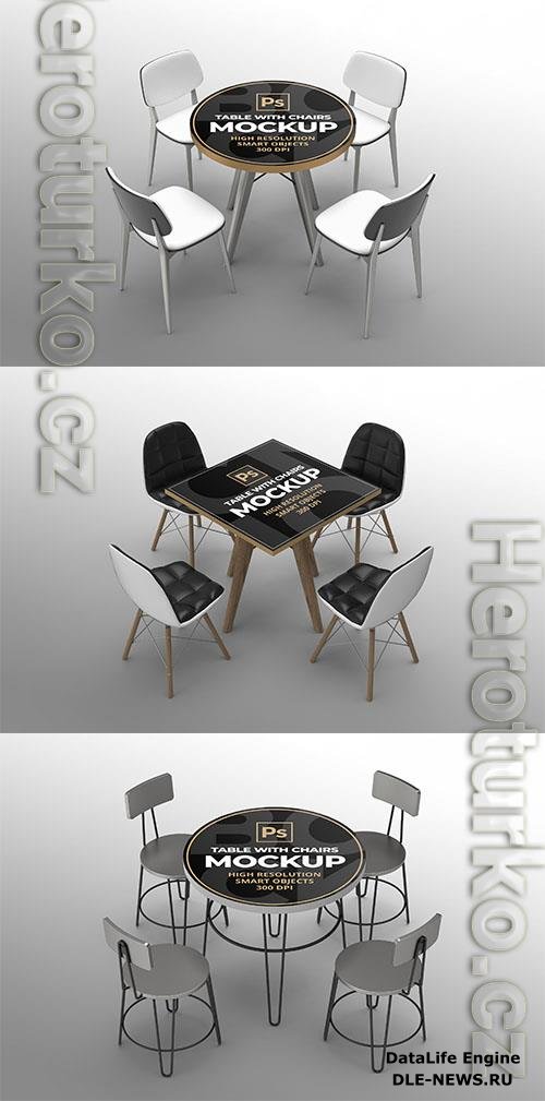 Round and square table with chairs mockup design template psd