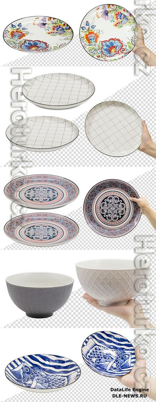 Empty ceramic plate in hand design template psd