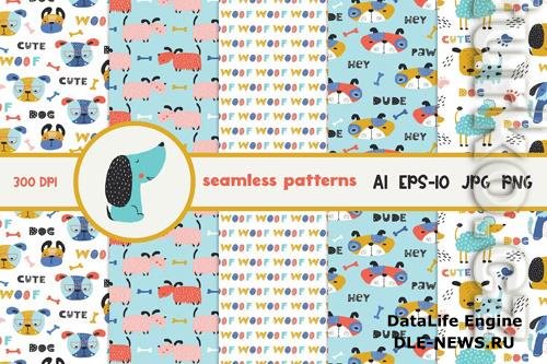 Childish Seamless Pattern with Funny Dogs Design Set