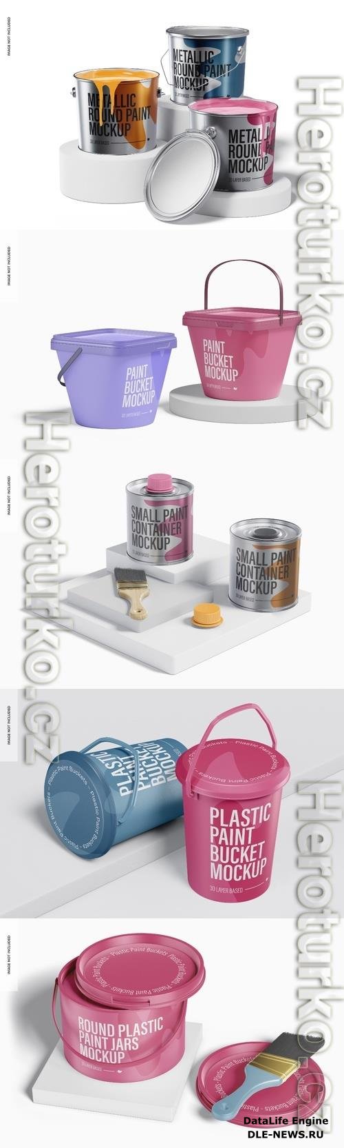 Metallic round paint buckets psd template mockup, opened and closed design