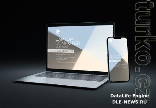 Mobile phone and laptop devices on dark mockup