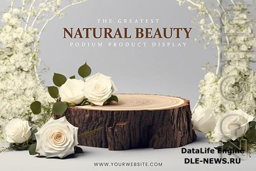 Elegant and natural wooden psd podium with roses stage display mockup
