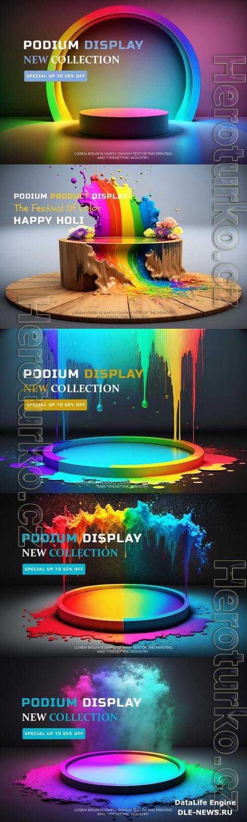 Colorful holi psd podium stage display mockup neon scene