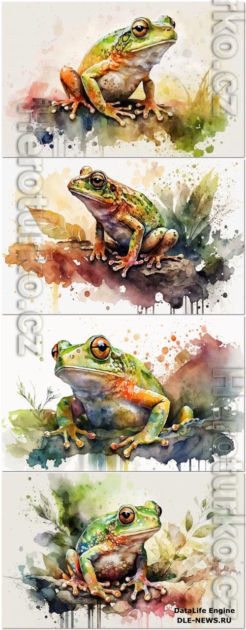 Watercolor vector illustrations of frogs in their natural habitat