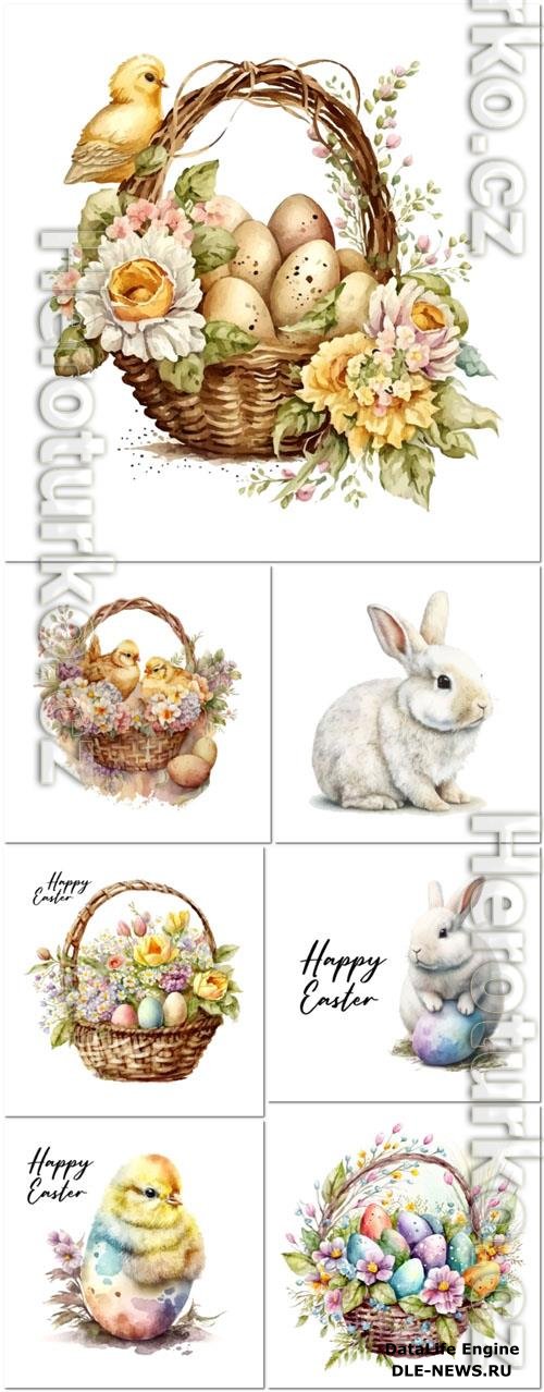 Vector happy easter, easter eggs in a basket of flowers chick greeting card poster