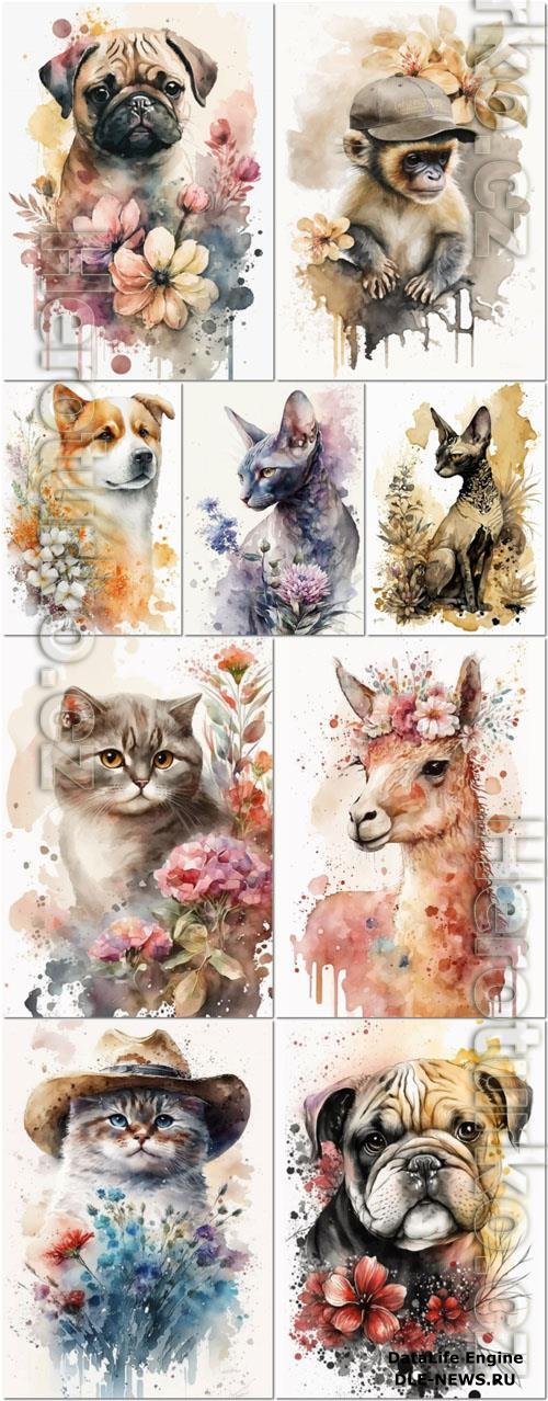 Vector charming animals watercolor portrait vector design