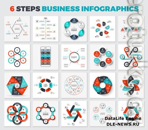 Collection of vector arrows, hexagons, circles and other elements for infographic with 6 steps