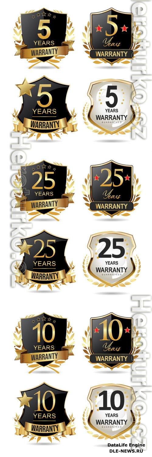 Warranty guaranteed gold and black labels vector collection