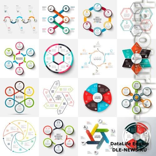 Arrows hexagons circles set and cycle elements infographic templates with 6 options