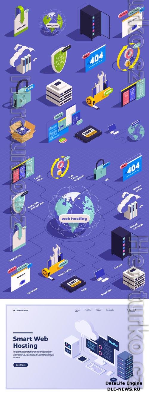 Vector web hosting isometric composition with flowchart of isolated images with server infrastructure surfing