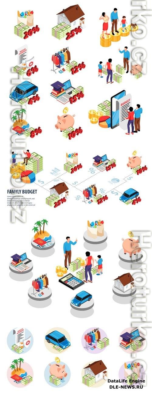 Vector isometric family budget icons set with financial symbols