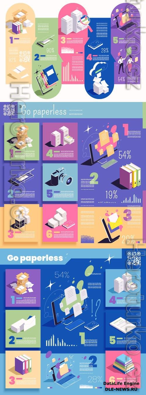 Vector go paperless concept isometric infographics with paper documents