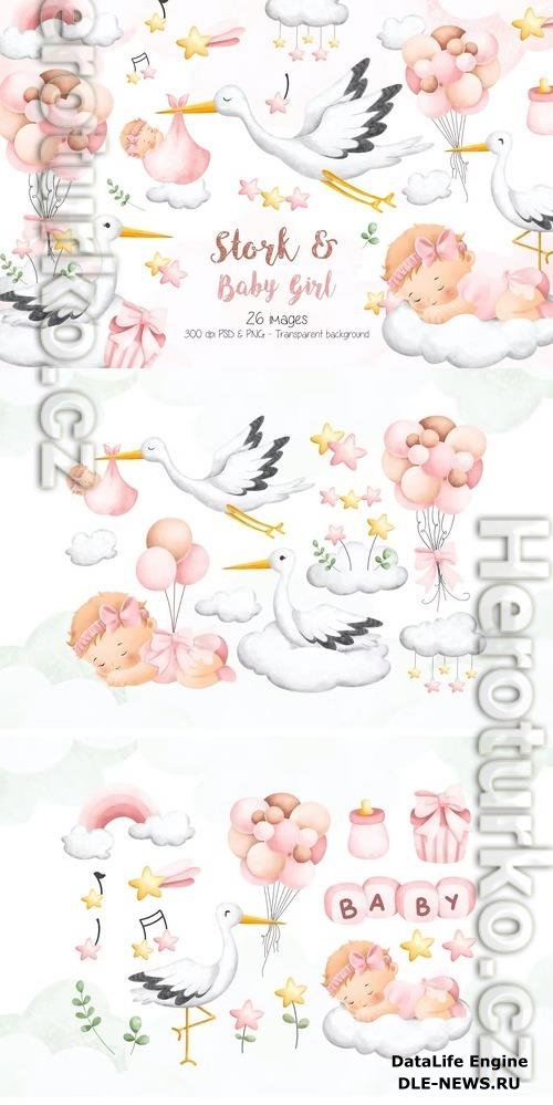 Stork and Baby Girl Clipart