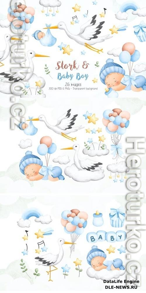 Stork and Baby Boy Clipart