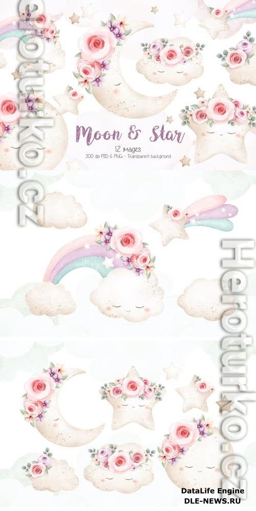 Vintage Moon Star and Cloud Clipart Design